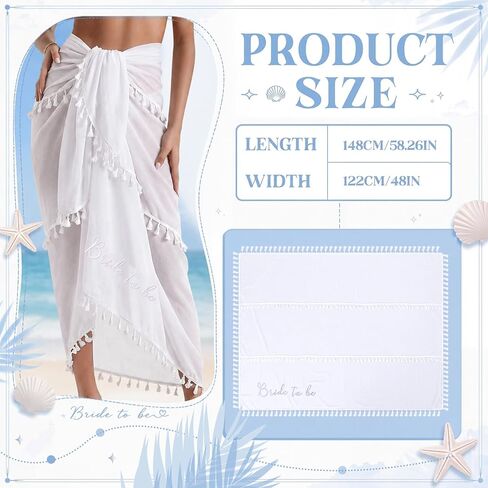 Unittype Bride to Be Sarong Beach Cover Up مطرزة الزفاف الأبيض Sarong ملابس السباحة التستر مع شرابة الزي العازبة للنساء العروس بيكيني، 48 × 58.2 بوصة in Kuwait