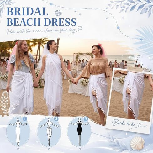 Unittype Bride to Be Sarong Beach Cover Up مطرزة الزفاف الأبيض Sarong ملابس السباحة التستر مع شرابة الزي العازبة للنساء العروس بيكيني، 48 × 58.2 بوصة in Kuwait