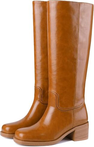 Women's Banana Knee High Boots Chunky Block Heel Square Toe Pull on Low Heel Fashion Comfortable Riding Long Boots Campus Tall Boots in Saudi Arabia