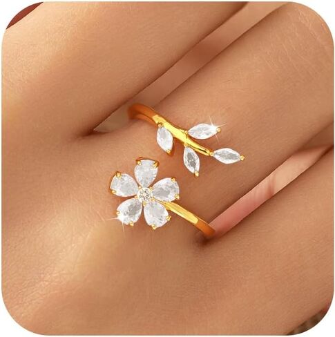 Dainty Flower Ring for Women, Sparkling Pink Cubic Zirconia Crystal Cherry Blossom Ring for Mother 14K Gold Plated Cute Leaf Birthstone Rings Open Wrap Finger Band Statement Jewelry Gift for Graduation Wedding in Saudi Arabia