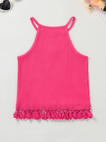Girls Halter Top Ribbed Knit Sleeveless Shirts Vacation Top with Tassel in Saudi Arabia
