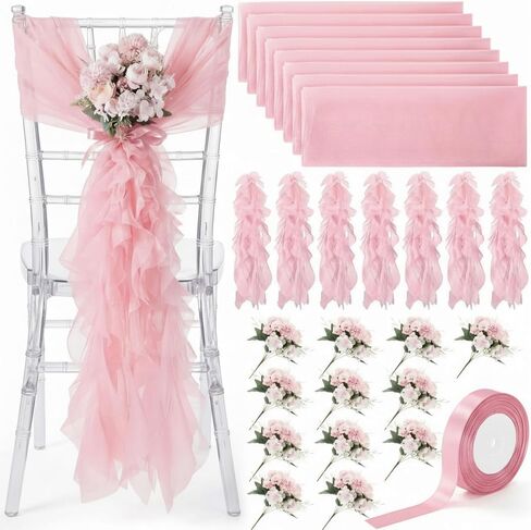 Moukeren 12 Packs Wedding Chair Sashes Aisle Decoration Church Pew Decorations for Wedding Tulle Tutu Chair Covers with Artificial Flowers Ribbon for Ceremony Bridal Party Baby Shower Banquet(Pink) in Kuwait