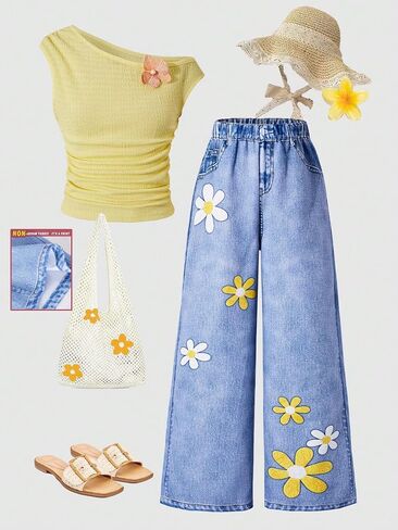 Fashionable sweet girl two-piece set with a fitted one-shoulder short-sleeve top and orange orchid print pants in Kuwait