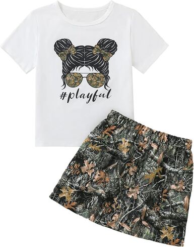 Girls 2 Piece Summer Outfit Set, Short Sleeve Graphic Tee and Camo Skirt in Kuwait