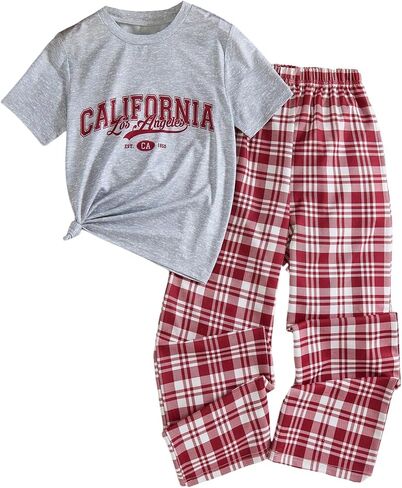 MakeMeChic Girl's 2 Piece Summer Outfits Short Sleeve Graphic Tees and Plaid Pants Retro Y2K Clothing Sets in Kuwait