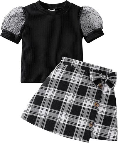 Girls' Skirt Sets Summer Puff Sleeves T-shirt and Bow Plaid Skirts Cute 2 Peice Outfit 3T-8Y in Saudi Arabia