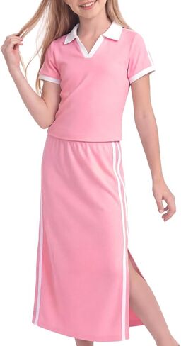 PureChapter Girls 2 Piece Outfit Maxi Skirt Set Polo Long Skirt Cotton Casual Trendy Cute Summer Outfits for 8-12 Years in Saudi Arabia