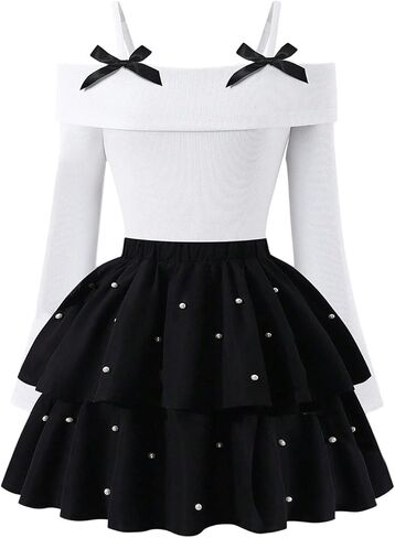 Milumia Girl's 2 Piece Outfits Cold Shoulder Long Sleeve Top and Ruffle Pleated Skirt Sets in Kuwait