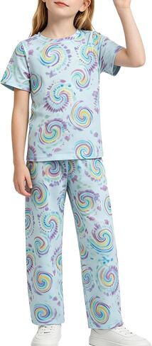LUCKYLI Girls Summer Outfits Rainbow Spiral Tie Dye Style Short Sleeve Tops and Long Pants 2 Piece Fashion Clothing Set 4-12Y in Kuwait