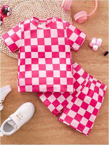 WDIRARA Toddler Girl's 2 Piece Set Plaid Checkered Elastic Waist Shorts Outfits in Kuwait