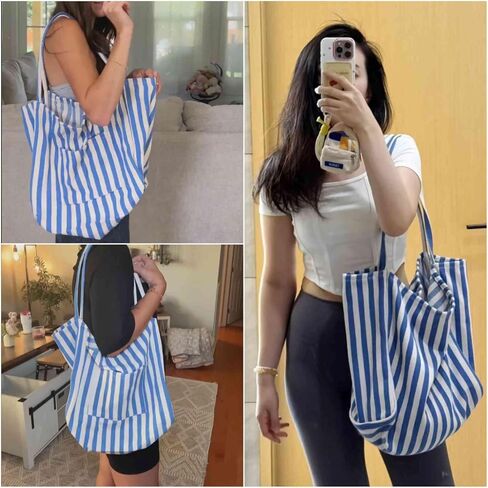 canvas tote bag for women, beach striped medium size shoulder bag with pocket, college everyday casual tote bag for work in Saudi Arabia