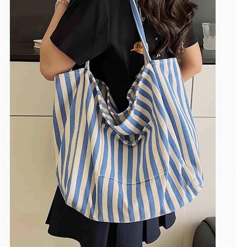 canvas tote bag for women, beach striped medium size shoulder bag with pocket, college everyday casual tote bag for work in Saudi Arabia