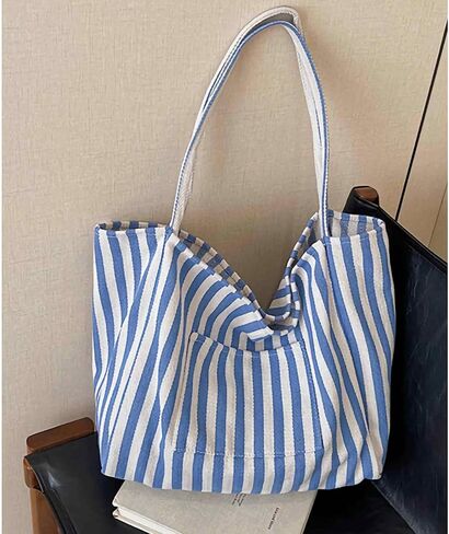 canvas tote bag for women, beach striped medium size shoulder bag with pocket, college everyday casual tote bag for work in Saudi Arabia