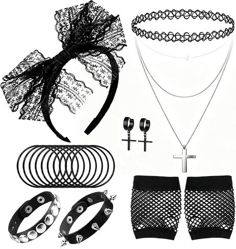 80s 90s Costume Accessories for Women, Punk Fancy Dress Party Kit with Lace Headband Earrings Fishnet Gloves Necklace Choker Bracelet for 80's Retro Themed Black in Saudi Arabia