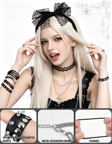 80s 90s Costume Accessories for Women, Punk Fancy Dress Party Kit with Lace Headband Earrings Fishnet Gloves Necklace Choker Bracelet for 80's Retro Themed Black in Saudi Arabia