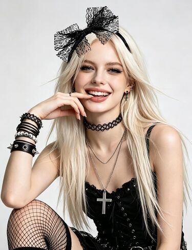 80s 90s Costume Accessories for Women, Punk Fancy Dress Party Kit with Lace Headband Earrings Fishnet Gloves Necklace Choker Bracelet for 80's Retro Themed Black in Saudi Arabia