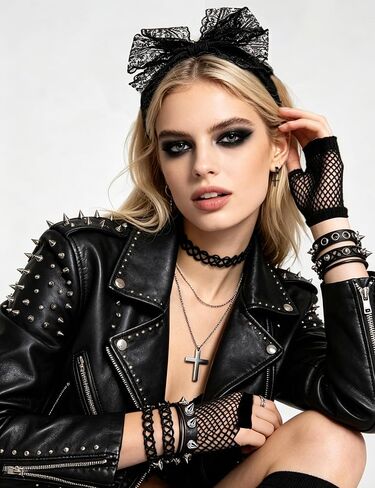 80s 90s Costume Accessories for Women, Punk Fancy Dress Party Kit with Lace Headband Earrings Fishnet Gloves Necklace Choker Bracelet for 80's Retro Themed Black in Saudi Arabia