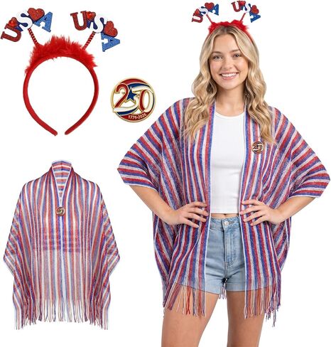4th of July Accessories for Women - Patriotic American Flag Outfits Red White and Blue Shawl with 250 Anniversary USA Pin and Headband in Saudi Arabia