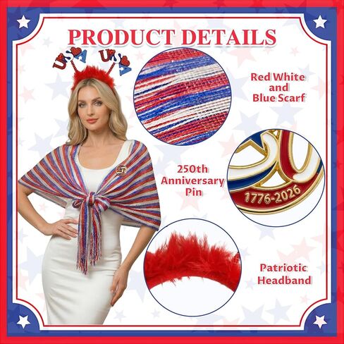 4th of July Accessories for Women - Patriotic American Flag Outfits Red White and Blue Shawl with 250 Anniversary USA Pin and Headband in Saudi Arabia