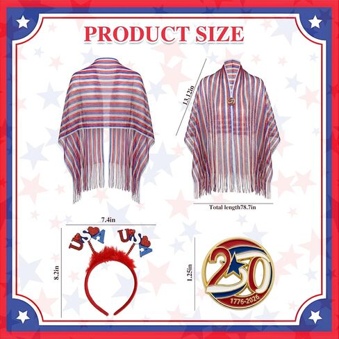 4th of July Accessories for Women - Patriotic American Flag Outfits Red White and Blue Shawl with 250 Anniversary USA Pin and Headband in Saudi Arabia