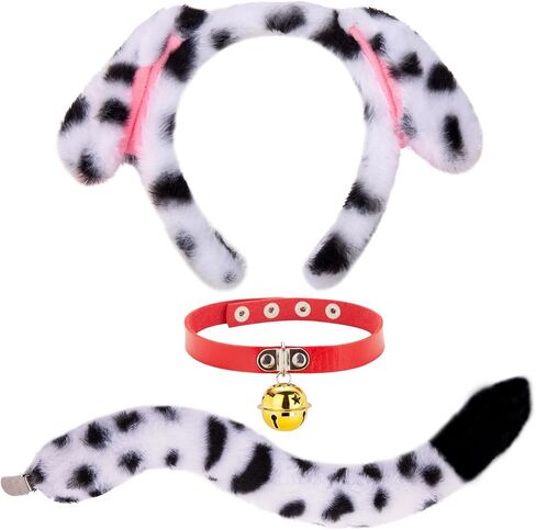 JIALWEN Dalmatian Costume Set Dog Ears Headband and Tail Red Leather Choker Collar with Gold Bell Puppy Animal Halloween Party Cosplay Dress Up Accessories for Adults in Saudi Arabia