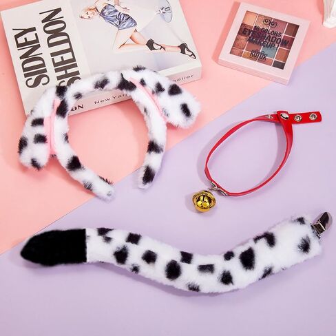 JIALWEN Dalmatian Costume Set Dog Ears Headband and Tail Red Leather Choker Collar with Gold Bell Puppy Animal Halloween Party Cosplay Dress Up Accessories for Adults in Saudi Arabia