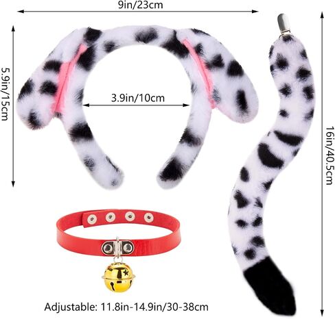 JIALWEN Dalmatian Costume Set Dog Ears Headband and Tail Red Leather Choker Collar with Gold Bell Puppy Animal Halloween Party Cosplay Dress Up Accessories for Adults in Saudi Arabia