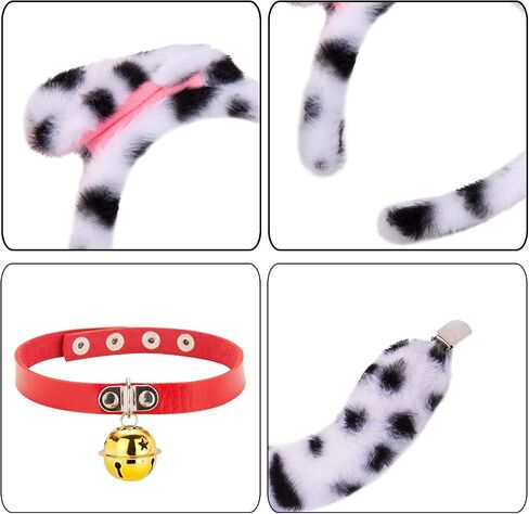 JIALWEN Dalmatian Costume Set Dog Ears Headband and Tail Red Leather Choker Collar with Gold Bell Puppy Animal Halloween Party Cosplay Dress Up Accessories for Adults in Saudi Arabia