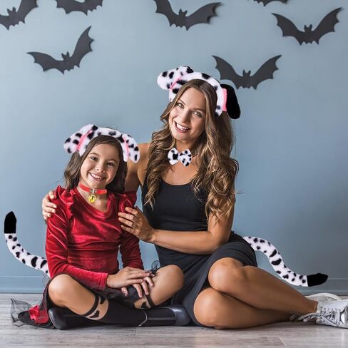 JIALWEN Dalmatian Costume Set Dog Ears Headband and Tail Red Leather Choker Collar with Gold Bell Puppy Animal Halloween Party Cosplay Dress Up Accessories for Adults in Saudi Arabia