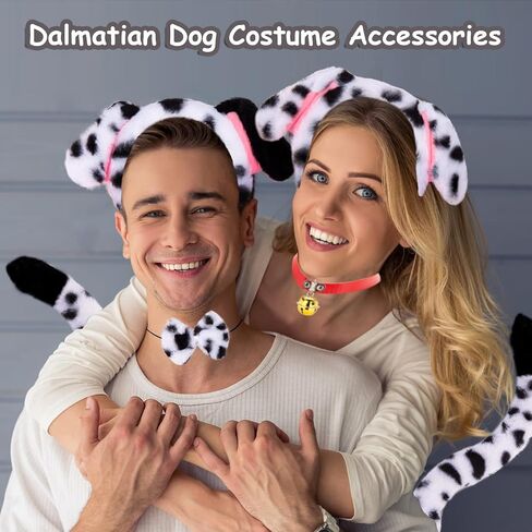 JIALWEN Dalmatian Costume Set Dog Ears Headband and Tail Red Leather Choker Collar with Gold Bell Puppy Animal Halloween Party Cosplay Dress Up Accessories for Adults in Saudi Arabia