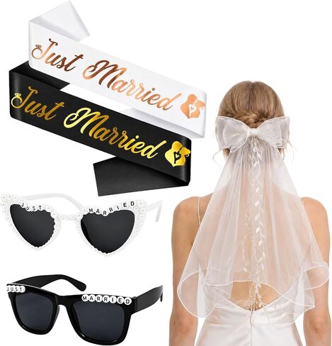 Just Married Decorations Set, Bride and Groom Sunglasses, Sashes and Elegant Veil, 5-Piece Wedding Party Bride and Groom Accessories for Bachelorette Party & Honeymoon White in Kuwait