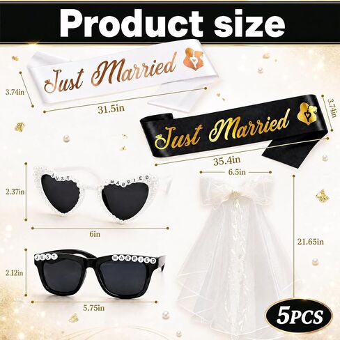 Just Married Decorations Set, Bride and Groom Sunglasses, Sashes and Elegant Veil, 5-Piece Wedding Party Bride and Groom Accessories for Bachelorette Party & Honeymoon White in Kuwait