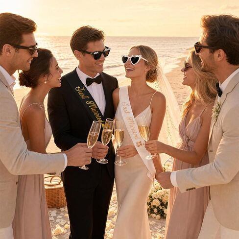 Just Married Decorations Set, Bride and Groom Sunglasses, Sashes and Elegant Veil, 5-Piece Wedding Party Bride and Groom Accessories for Bachelorette Party & Honeymoon White in Kuwait