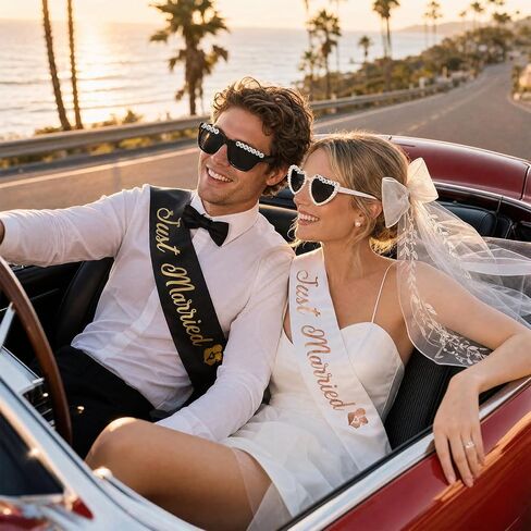 Just Married Decorations Set, Bride and Groom Sunglasses, Sashes and Elegant Veil, 5-Piece Wedding Party Bride and Groom Accessories for Bachelorette Party & Honeymoon White in Kuwait