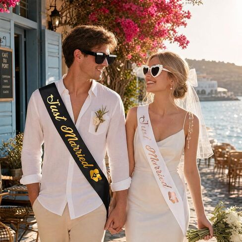 Just Married Decorations Set, Bride and Groom Sunglasses, Sashes and Elegant Veil, 5-Piece Wedding Party Bride and Groom Accessories for Bachelorette Party & Honeymoon White in Kuwait