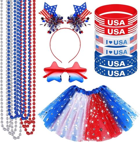Maiteenly 18 Pcs 4th of July Patriotic Costume Set for Women USA Football Game Day Outfit with Red White Blue Tutu Skirt Star Headband Independence Day Sunglasses Beaded Necklaces Wristbands in Kuwait