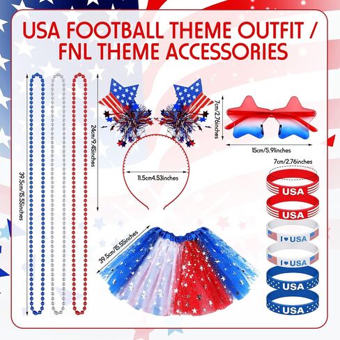 Maiteenly 18 Pcs 4th of July Patriotic Costume Set for Women USA Football Game Day Outfit with Red White Blue Tutu Skirt Star Headband Independence Day Sunglasses Beaded Necklaces Wristbands in Kuwait