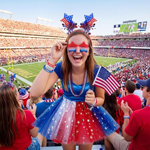 Maiteenly 18 Pcs 4th of July Patriotic Costume Set for Women USA Football Game Day Outfit with Red White Blue Tutu Skirt Star Headband Independence Day Sunglasses Beaded Necklaces Wristbands in Kuwait