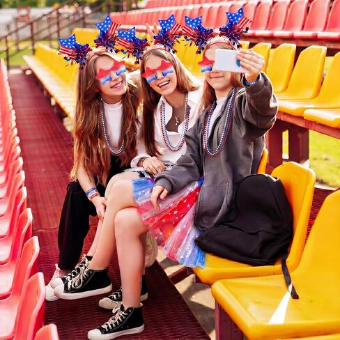 Maiteenly 18 Pcs 4th of July Patriotic Costume Set for Women USA Football Game Day Outfit with Red White Blue Tutu Skirt Star Headband Independence Day Sunglasses Beaded Necklaces Wristbands in Kuwait