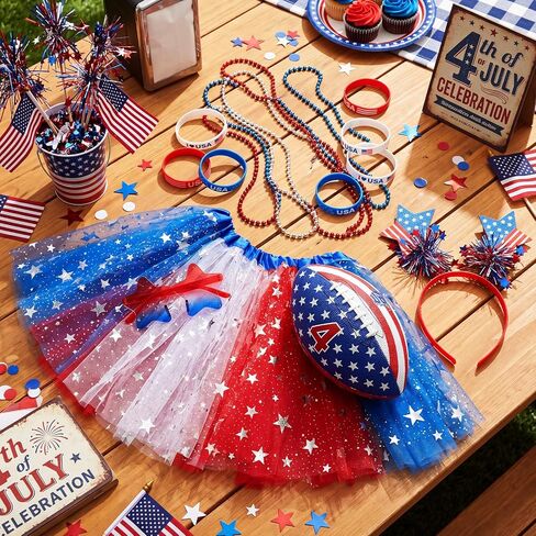 Maiteenly 18 Pcs 4th of July Patriotic Costume Set for Women USA Football Game Day Outfit with Red White Blue Tutu Skirt Star Headband Independence Day Sunglasses Beaded Necklaces Wristbands in Kuwait