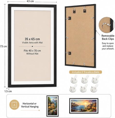 15.7x27.5inch/40x70cm Large Diamond Art Painting/Paint by Numbers MDF Picture Frames,Display 35x65cm with Mat or 40x70cm Without,Horizontal & Vertical Wall Hanging for Puzzles,Photos,Posters in Saudi Arabia