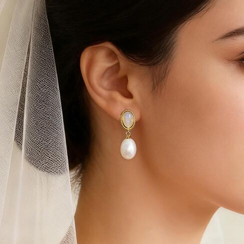 FarF&ME Pearl Gold Drop Earrings for Women,Real Freshwater White Pearl with 18K Gold Plated Opal Dangle | Hypoallergenic, Vintage Elegant Style for Wedding & Everyday. in Kuwait