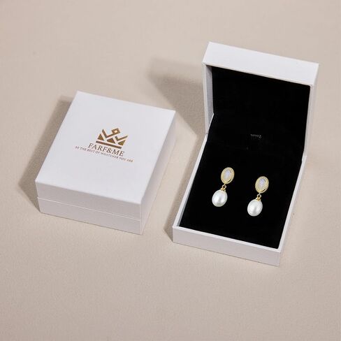 FarF&ME Pearl Gold Drop Earrings for Women,Real Freshwater White Pearl with 18K Gold Plated Opal Dangle | Hypoallergenic, Vintage Elegant Style for Wedding & Everyday. in Kuwait