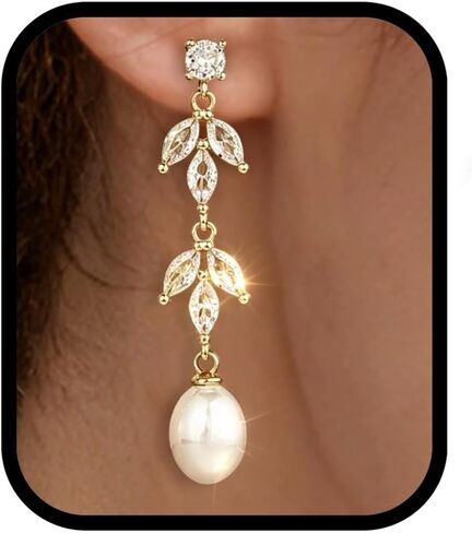 Pearl Dangle Earrings for Women Trendy，14K Gold Plated Dainty Dangle Drop Earrings with Pearl，Prom Earrings Hypoallergenic Diamond Studs Earring Wedding Jewelry Gifts in Saudi Arabia