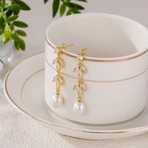 Pearl Dangle Earrings for Women Trendy，14K Gold Plated Dainty Dangle Drop Earrings with Pearl，Prom Earrings Hypoallergenic Diamond Studs Earring Wedding Jewelry Gifts in Saudi Arabia