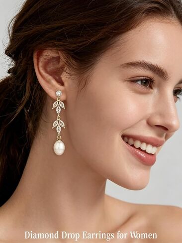 Pearl Dangle Earrings for Women Trendy，14K Gold Plated Dainty Dangle Drop Earrings with Pearl，Prom Earrings Hypoallergenic Diamond Studs Earring Wedding Jewelry Gifts in Saudi Arabia