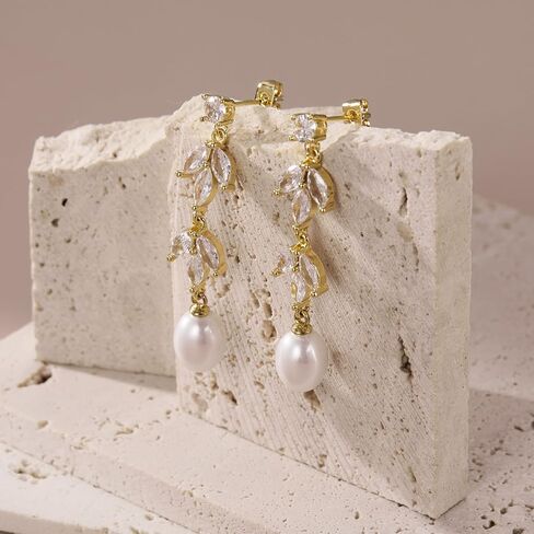 Pearl Dangle Earrings for Women Trendy，14K Gold Plated Dainty Dangle Drop Earrings with Pearl，Prom Earrings Hypoallergenic Diamond Studs Earring Wedding Jewelry Gifts in Saudi Arabia