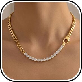 Roe Dolph Gold Tennis Necklace for Women Chunky Cuban Link Chain Necklace Half Tennis Half Cuban Choker Necklace Trendy Statement Chain Jewelry in Kuwait