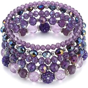 5Pcs Bohemian Beaded Bracelets for Women, Stackable Purple Glass Faceted Crystal Bead Bracelet, Multilayered Disco Ball Faceted Crystal Beads Bracelet Set, Gift for Mother's Day, Birthday, Anniversary in Saudi Arabia