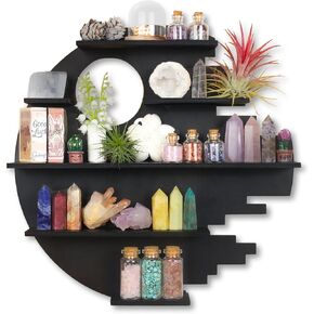 Wooden Moon Shelf with LED Lights, Crystal Wall Shelf for Rock Gem Stone Display Witchy Trinkets Holder Boho Wall Decor Floating Shelves for Nail Polish & Essential Oil in Saudi Arabia